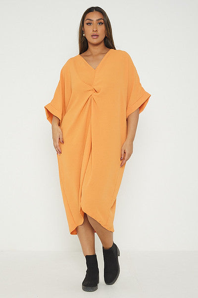 One Size Twist Front Mid Sleeve Midi Tunic Dress