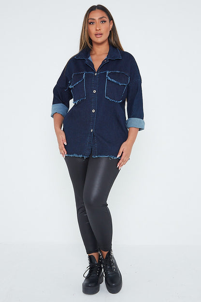 One Size Dark Denim Distressed Denim Shirt