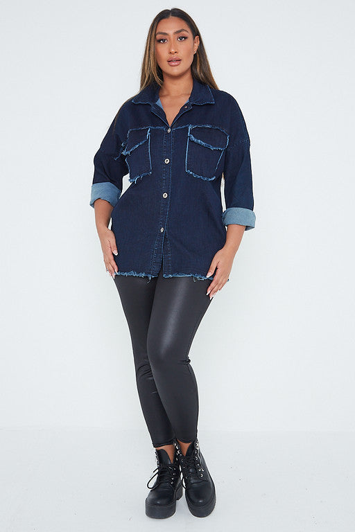 One Size Dark Denim Distressed Denim Shirt