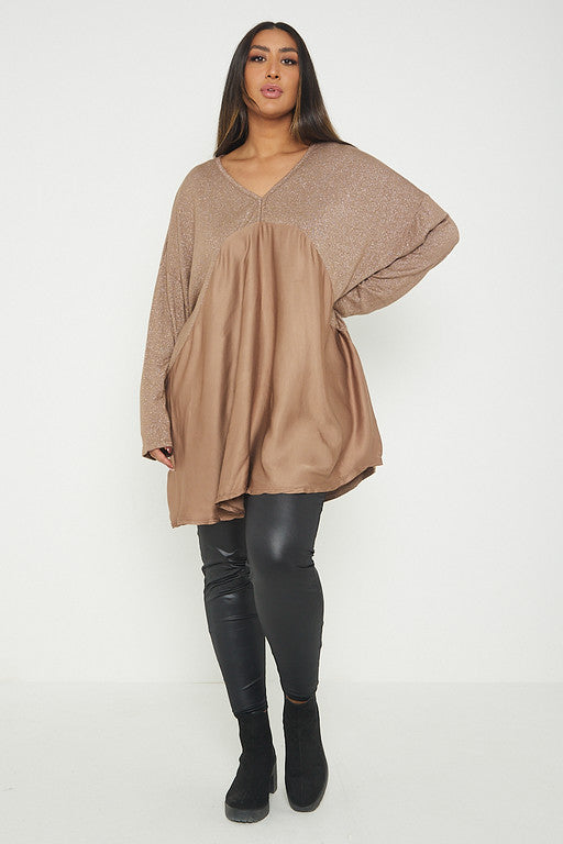 One Size Lurex Shimmer V Neck Knitted Top With Satin Front
