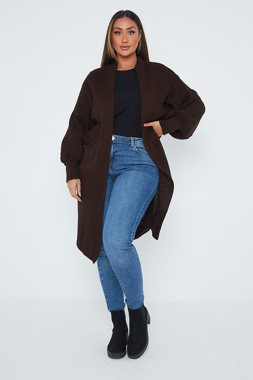 One Size Mid Length Knit Pocket Cardigan
