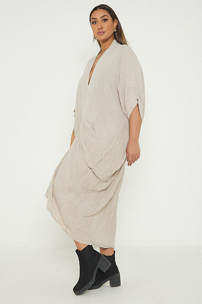 One Size V Neck Gathered Tunic Maxi Dress
