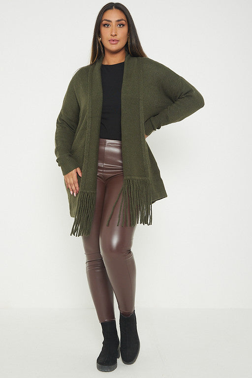 One Size Fringe Hem Pocket Cardigan Jumper