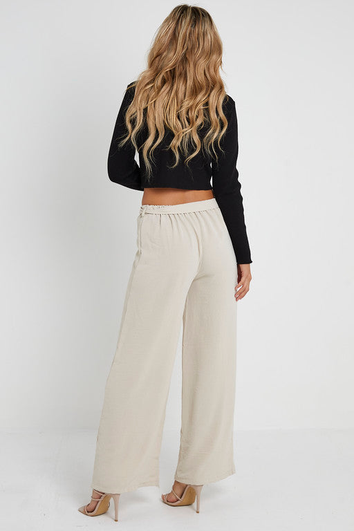 Elasticated Waist Belted Straight Flare Crepe Trousers