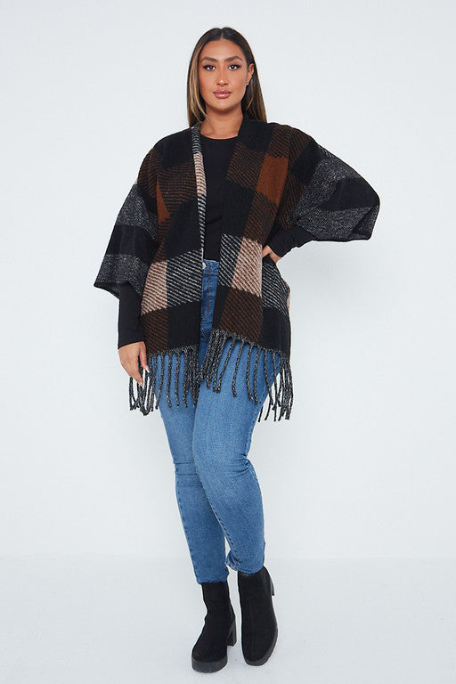 One Size Brown Check Detail Poncho