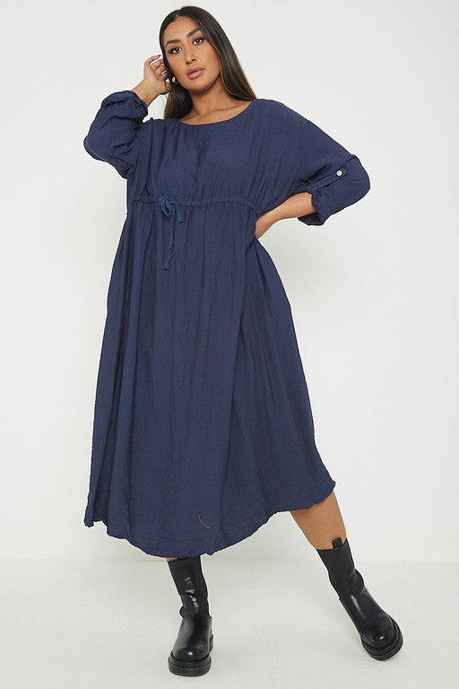 One Size  Crepe Turn Up Sleeve Pocket Midi Long Dress