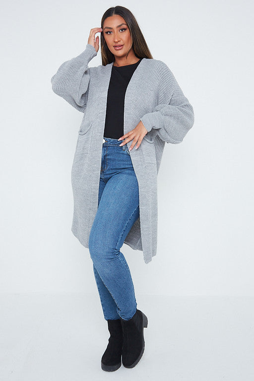 One Size Mid Length Knit Pocket Cardigan