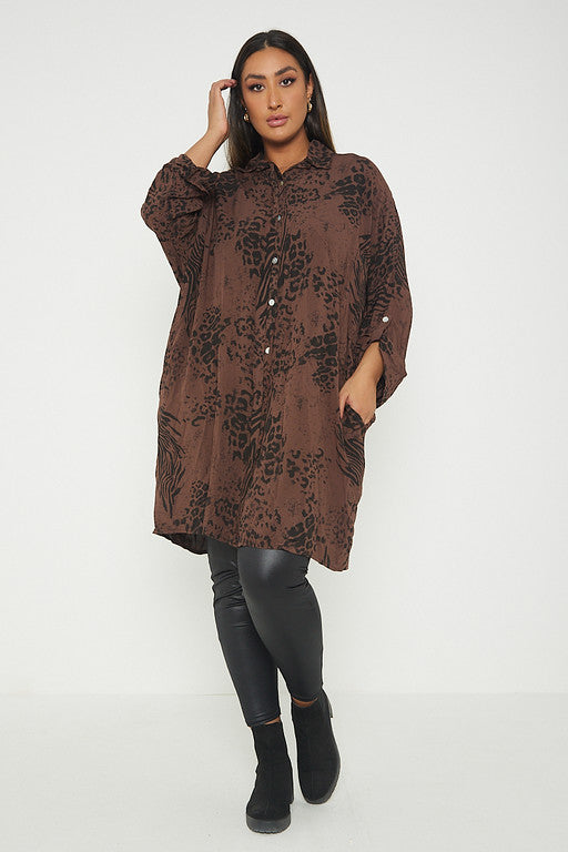 One Size Animal Print Turn Up Sleeve Shirt With Pockets