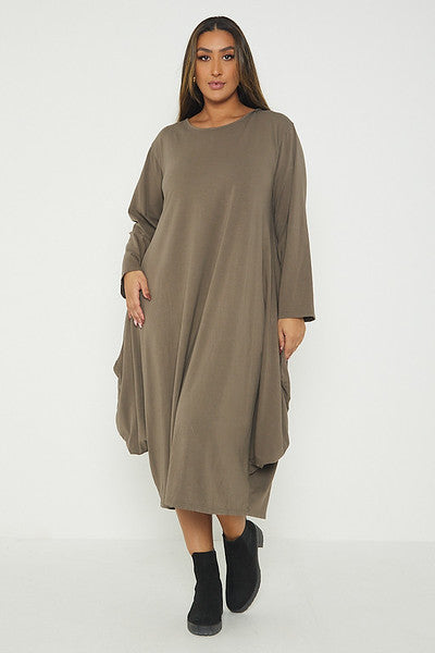 One Size Long Sleeved Waterfall Hem Midi Dress