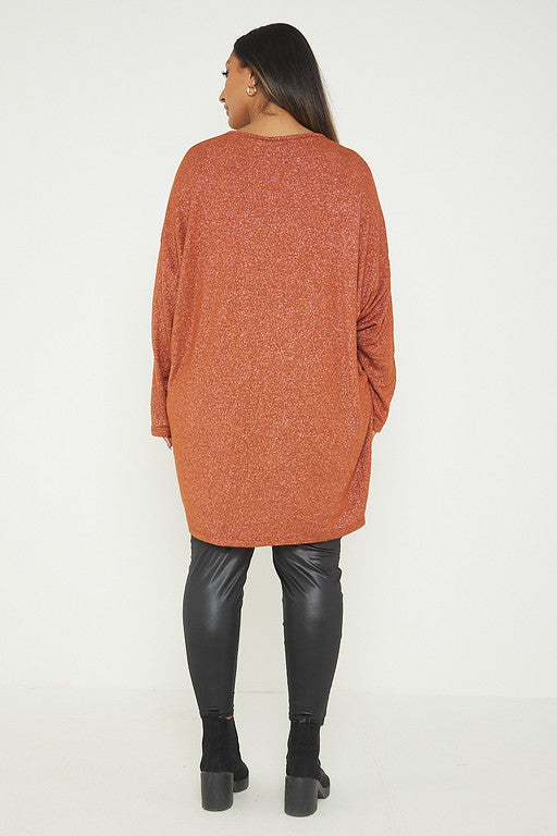 One Size Lurex Shimmer V Neck Knitted Top With Satin Front