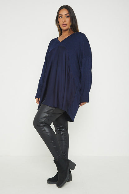 One Size V Neck Knitted Top With Satin Front