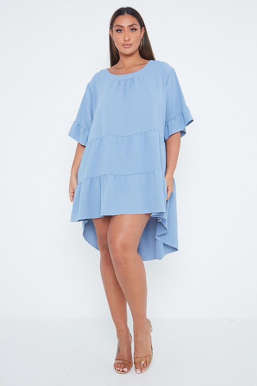 One Size Blue Tiered Asymmetric Hem Mini Dress