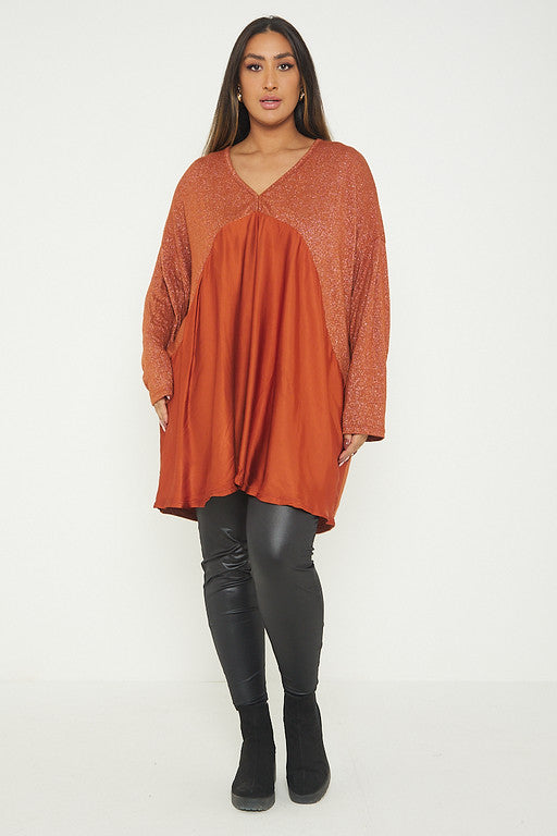 One Size Lurex Shimmer V Neck Knitted Top With Satin Front