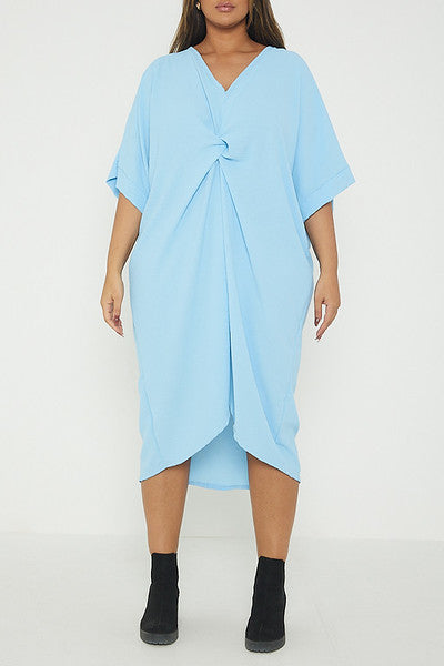 One Size Twist Front Mid Sleeve Midi Tunic Dress