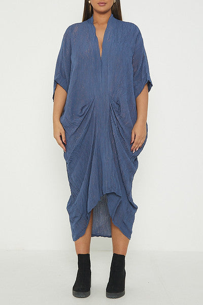One Size V Neck Gathered Tunic Maxi Dress