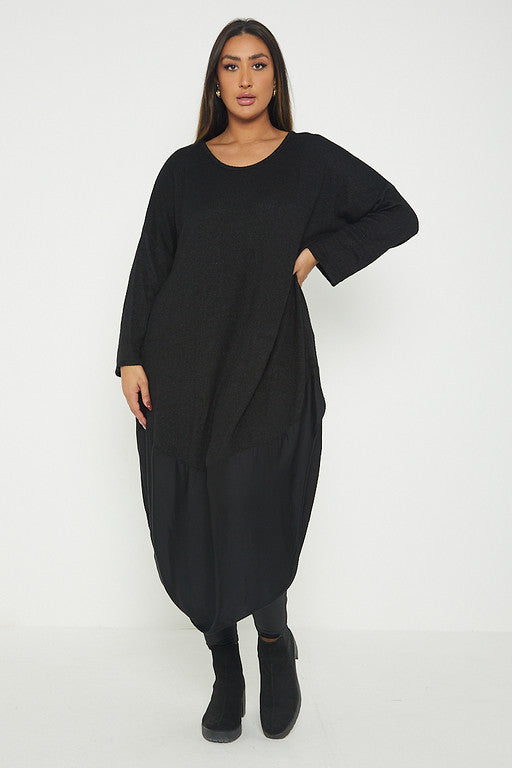 One Size Round Neck Knitted Jumper Dress With Satin Hem