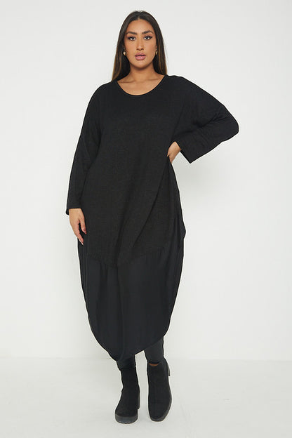 One Size Round Neck Knitted Jumper Dress With Satin Hem