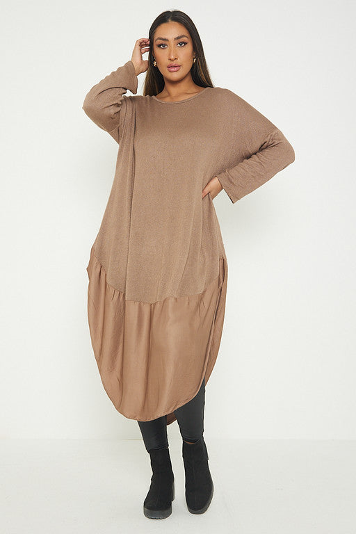 One Size Round Neck Knitted Jumper Dress With Satin Hem