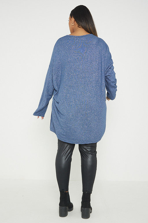 One Size Lurex Shimmer V Neck Knitted Top With Satin Front