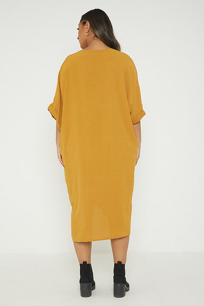 One Size Twist Front Mid Sleeve Midi Tunic Dress