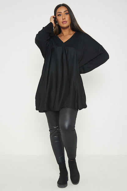 One Size V Neck Knitted Top With Satin Front