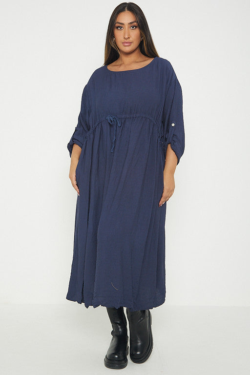 One Size  Crepe Turn Up Sleeve Pocket Midi Long Dress