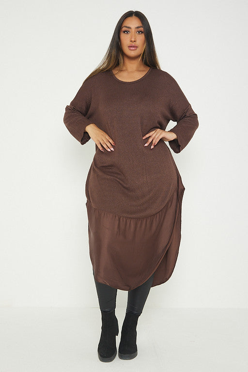 One Size Round Neck Knitted Jumper Dress With Satin Hem