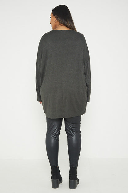One Size V Neck Knitted Top With Satin Front