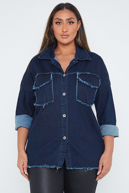 One Size Dark Denim Distressed Denim Shirt