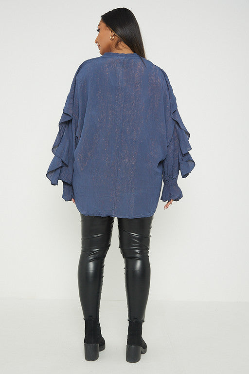 One Size Ruffle Detail Crinkle Lurex Shirt Blouse
