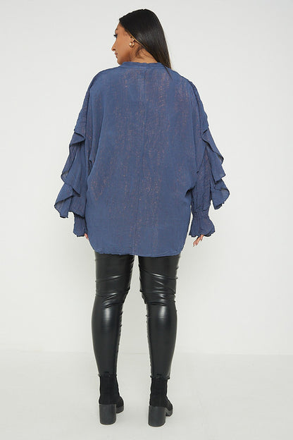 One Size Ruffle Detail Crinkle Lurex Shirt Blouse