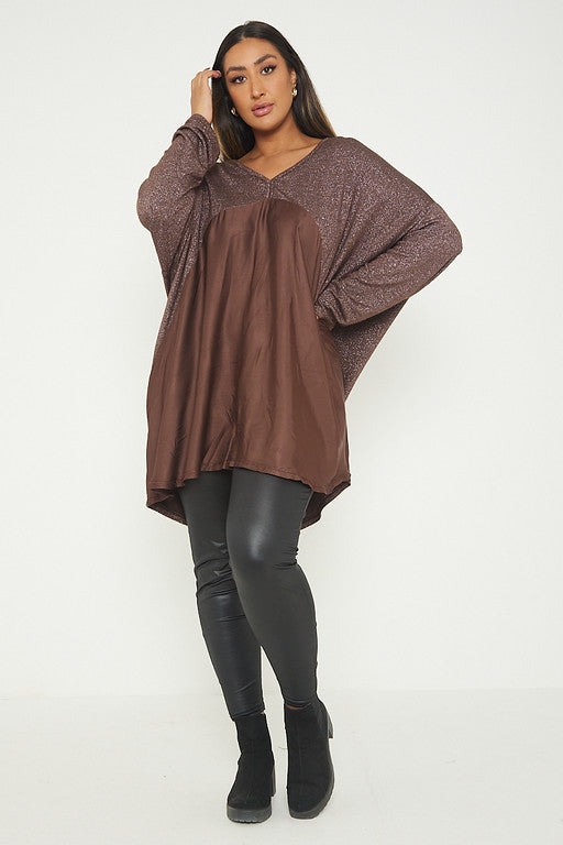One Size Lurex Shimmer V Neck Knitted Top With Satin Front