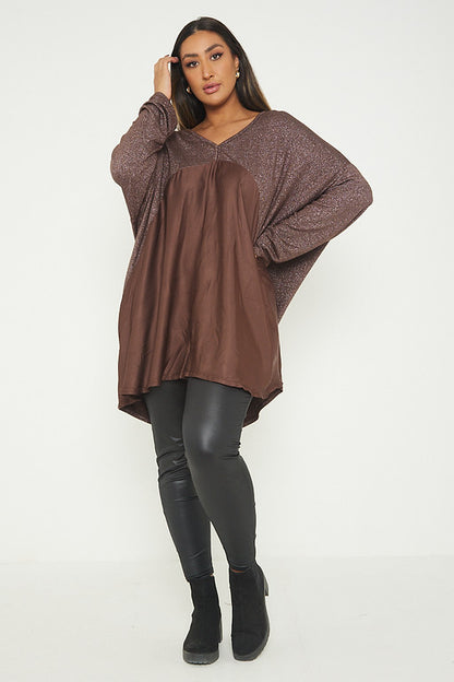 One Size Lurex Shimmer V Neck Knitted Top With Satin Front