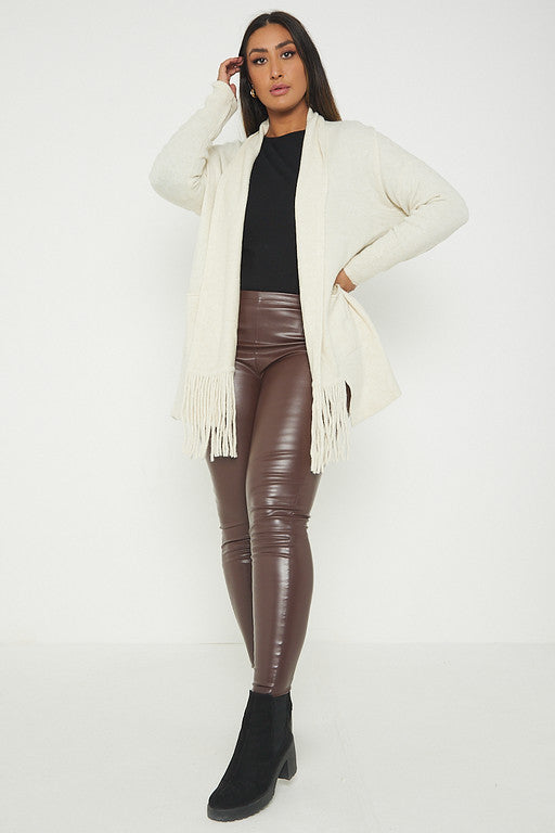 One Size Fringe Hem Pocket Cardigan Jumper