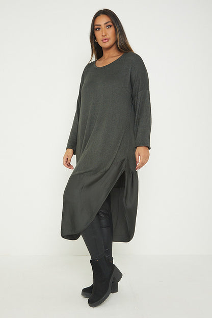 One Size Round Neck Knitted Jumper Dress With Satin Hem