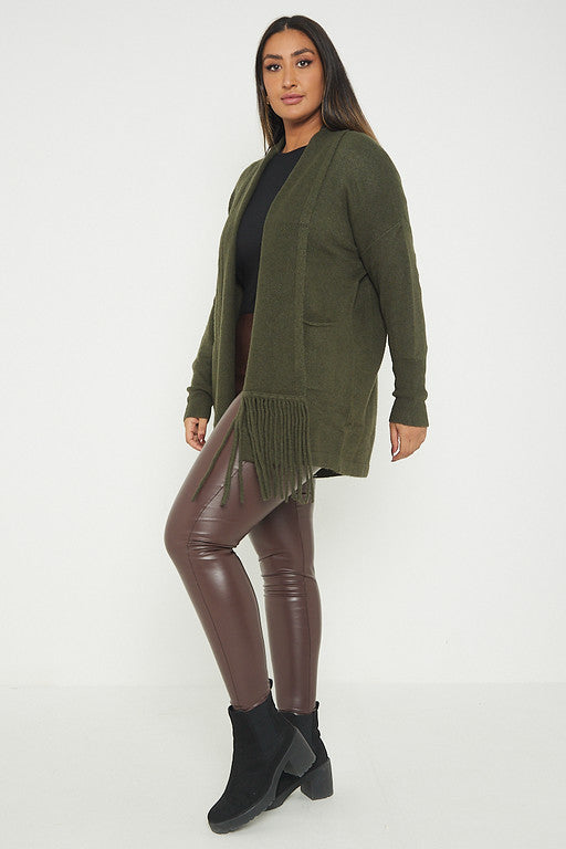 One Size Fringe Hem Pocket Cardigan Jumper