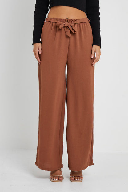 Elasticated Waist Belted Straight Flare Crepe Trousers