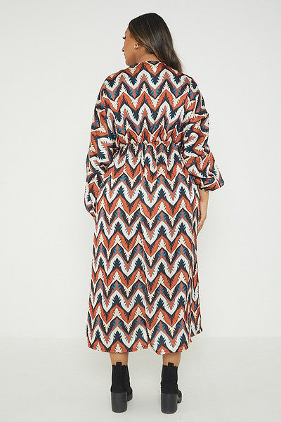 One Size Abstract Print Balloon Sleeve Maxi Long Dress