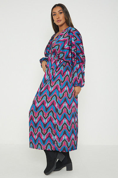 One Size Abstract Print Balloon Sleeve Maxi Long Dress