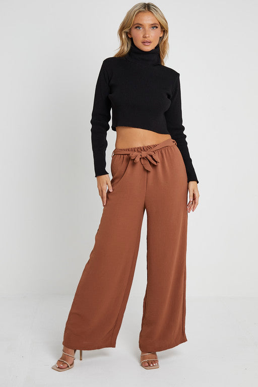 Elasticated Waist Belted Straight Flare Crepe Trousers