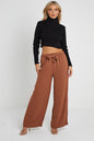Elasticated Waist Belted Straight Flare Crepe Trousers