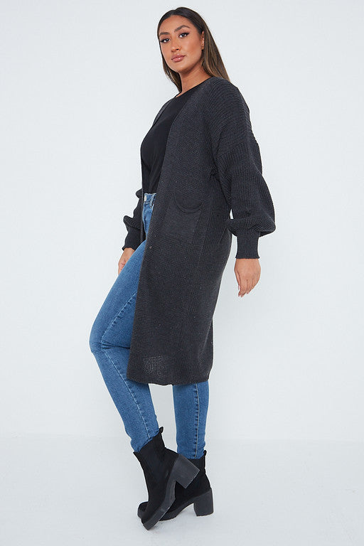 One Size Mid Length Knit Pocket Cardigan