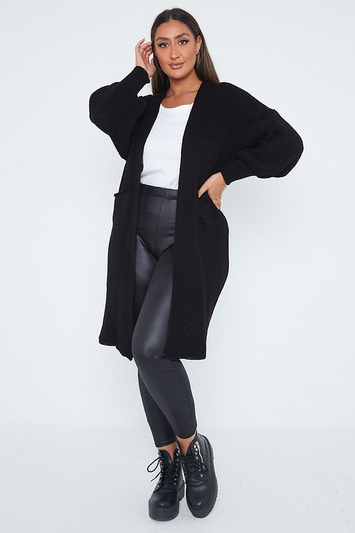 One Size Mid Length Knit Pocket Cardigan