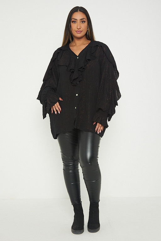 One Size Ruffle Detail Crinkle Lurex Shirt Blouse