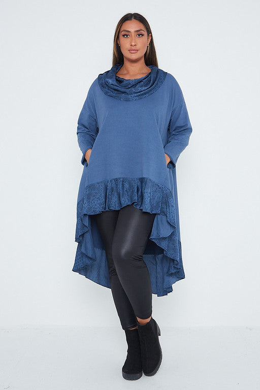 One Size Dip Hem Frill Cowl Neck Top