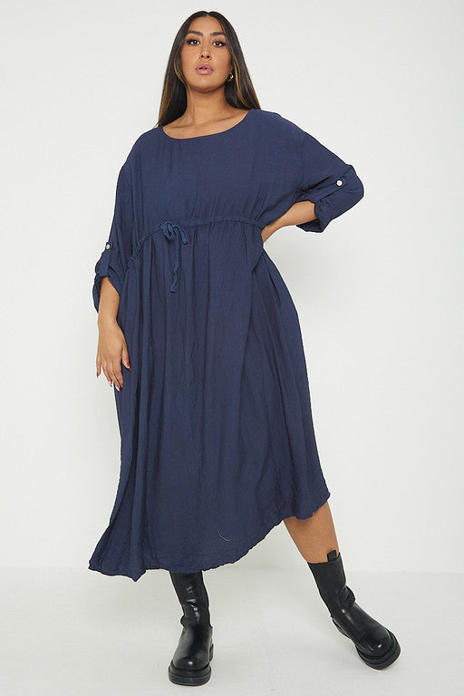 One Size  Crepe Turn Up Sleeve Pocket Midi Long Dress