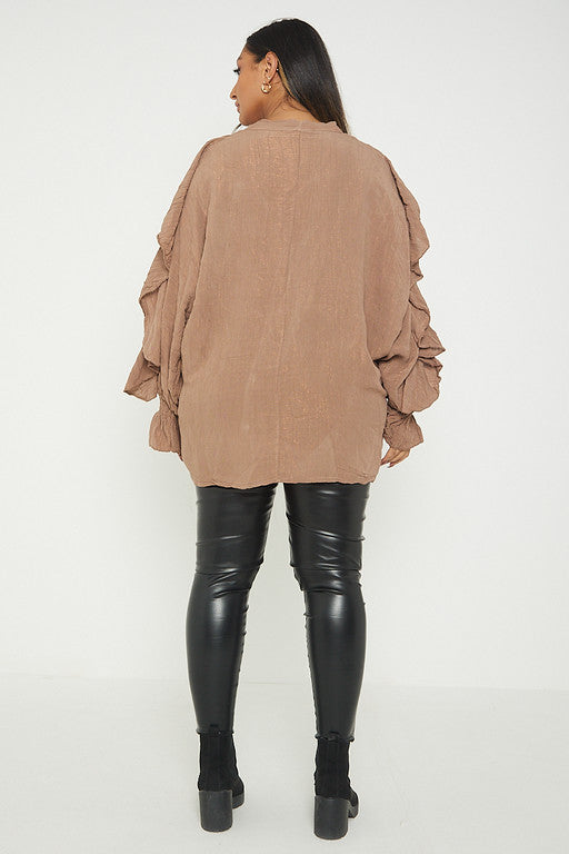 One Size Ruffle Detail Crinkle Lurex Shirt Blouse