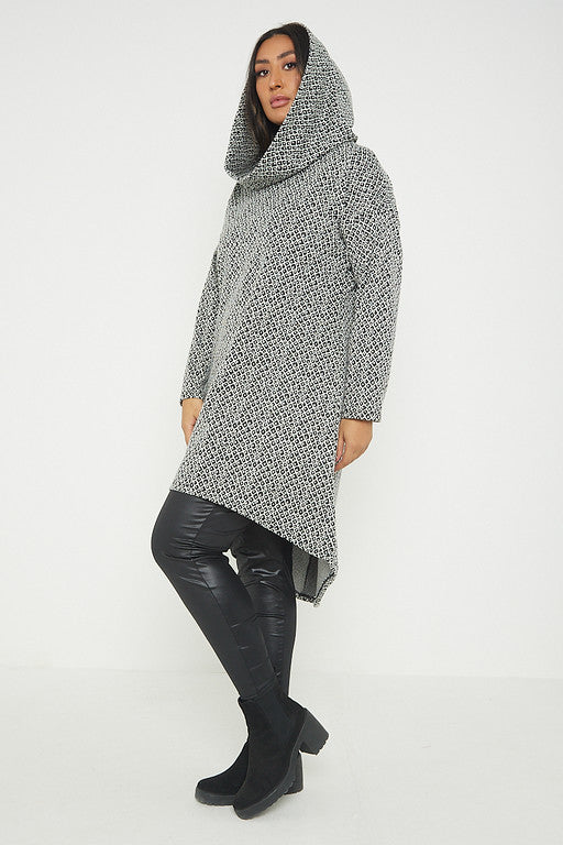 One Size Check Hooded Long Roll neck Top