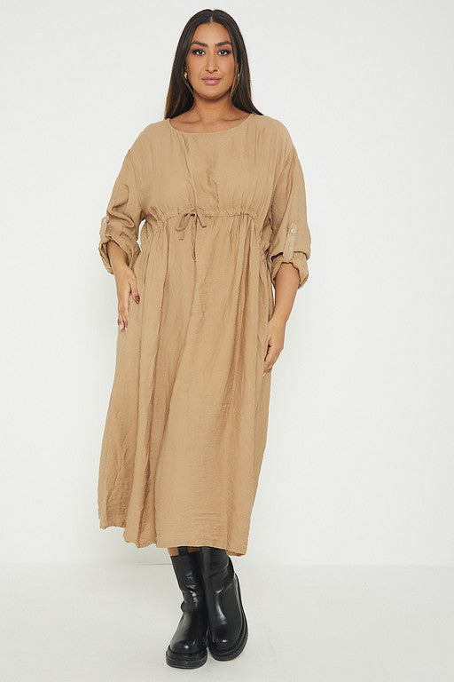 One Size  Crepe Turn Up Sleeve Pocket Midi Long Dress