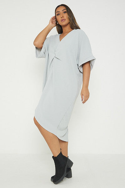 One Size Twist Front Mid Sleeve Midi Tunic Dress